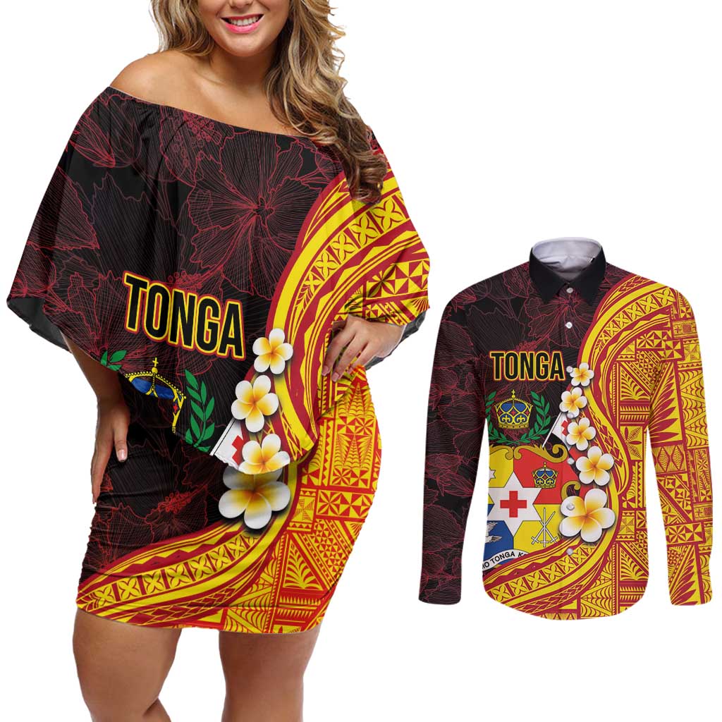 Tonga Culture Couples Matching Off Shoulder Short Dress and Long Sleeve Button Shirt Ngatu Pattern with Plumeria and Hibiscus LT03 Black - Polynesian Pride