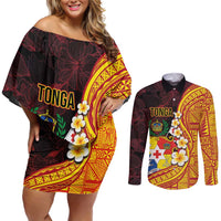 Tonga Culture Couples Matching Off Shoulder Short Dress and Long Sleeve Button Shirt Ngatu Pattern with Plumeria and Hibiscus LT03 Black - Polynesian Pride