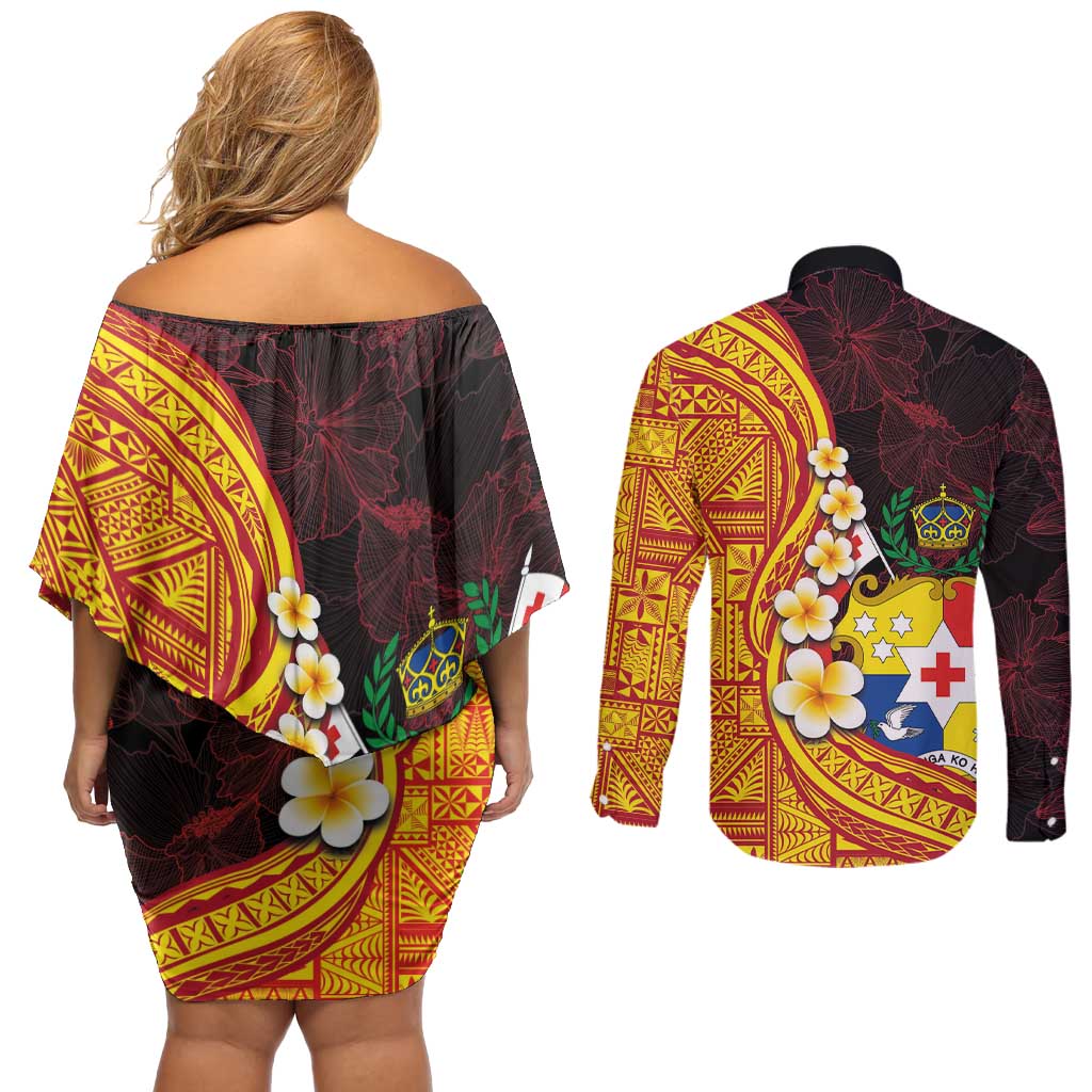 Tonga Culture Couples Matching Off Shoulder Short Dress and Long Sleeve Button Shirt Ngatu Pattern with Plumeria and Hibiscus LT03 - Polynesian Pride