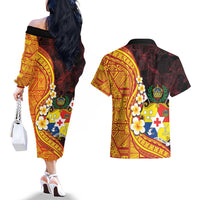 Tonga Culture Couples Matching Off The Shoulder Long Sleeve Dress and Hawaiian Shirt Ngatu Pattern with Plumeria and Hibiscus LT03 - Polynesian Pride