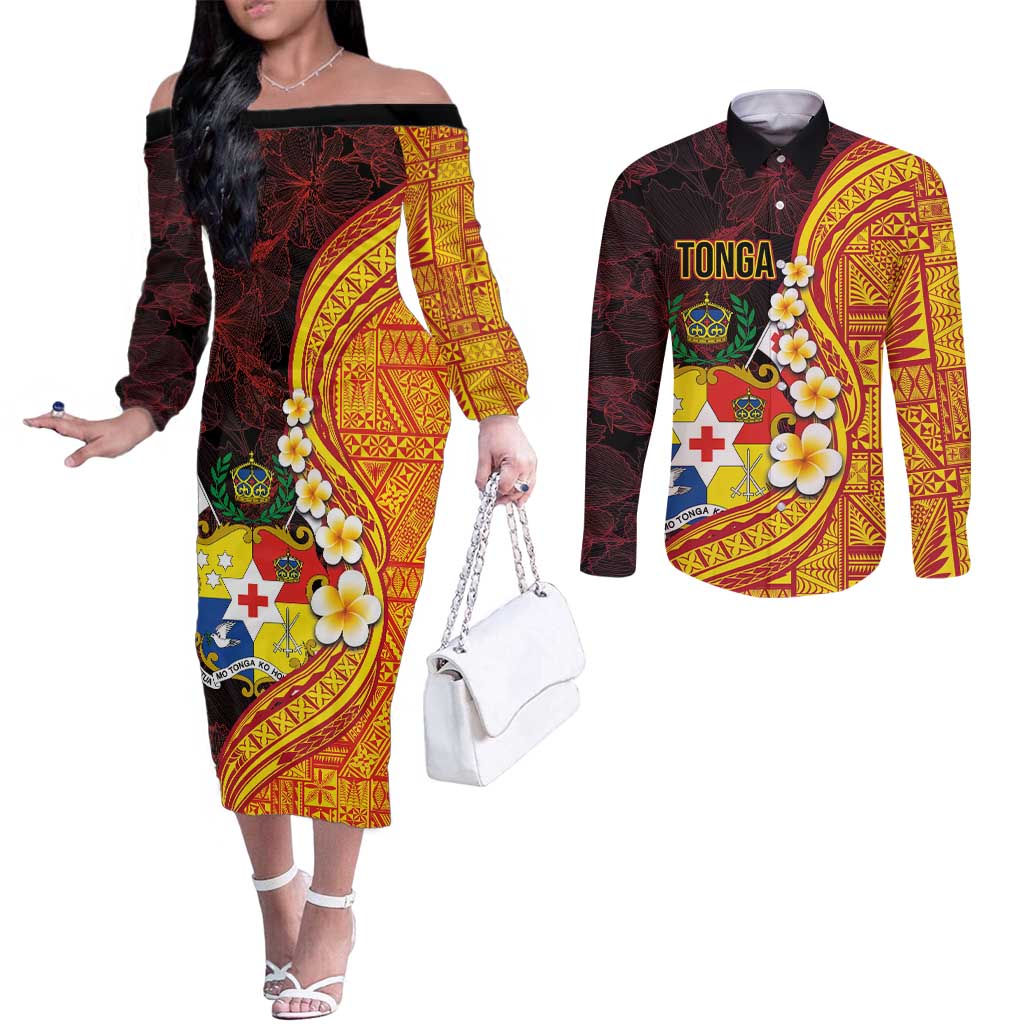 Tonga Culture Couples Matching Off The Shoulder Long Sleeve Dress and Long Sleeve Button Shirt Ngatu Pattern with Plumeria and Hibiscus LT03 Black - Polynesian Pride