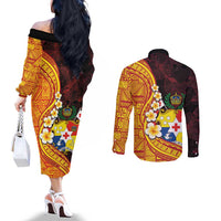 Tonga Culture Couples Matching Off The Shoulder Long Sleeve Dress and Long Sleeve Button Shirt Ngatu Pattern with Plumeria and Hibiscus LT03 - Polynesian Pride