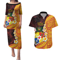 Tonga Culture Couples Matching Puletasi and Hawaiian Shirt Ngatu Pattern with Plumeria and Hibiscus LT03 Black - Polynesian Pride