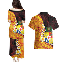 Tonga Culture Couples Matching Puletasi and Hawaiian Shirt Ngatu Pattern with Plumeria and Hibiscus LT03 - Polynesian Pride