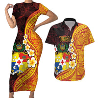 Tonga Culture Couples Matching Short Sleeve Bodycon Dress and Hawaiian Shirt Ngatu Pattern with Plumeria and Hibiscus LT03 Black - Polynesian Pride