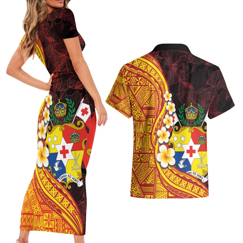 Tonga Culture Couples Matching Short Sleeve Bodycon Dress and Hawaiian Shirt Ngatu Pattern with Plumeria and Hibiscus LT03 - Polynesian Pride