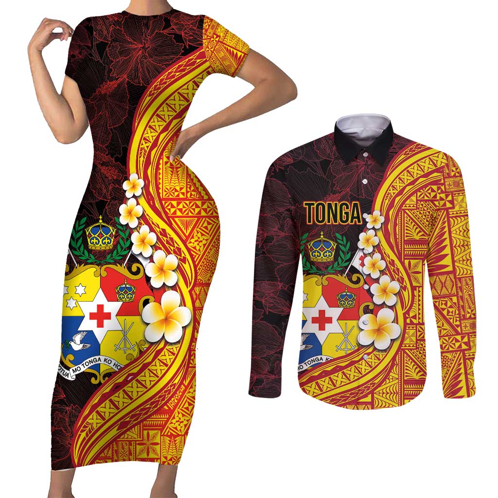 Tonga Culture Couples Matching Short Sleeve Bodycon Dress and Long Sleeve Button Shirt Ngatu Pattern with Plumeria and Hibiscus LT03 Black - Polynesian Pride