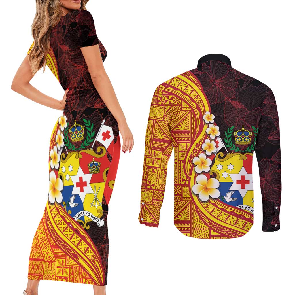 Tonga Culture Couples Matching Short Sleeve Bodycon Dress and Long Sleeve Button Shirt Ngatu Pattern with Plumeria and Hibiscus LT03 - Polynesian Pride