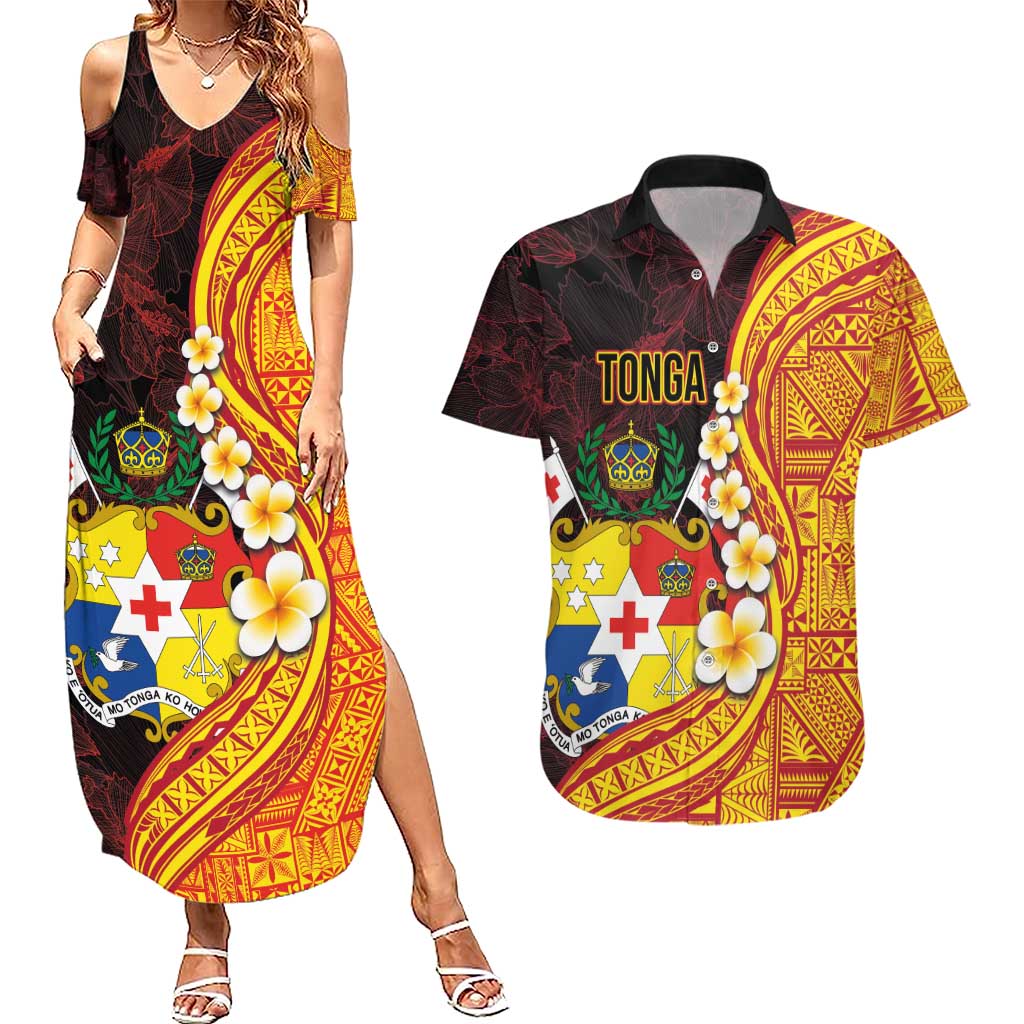 Tonga Culture Couples Matching Summer Maxi Dress and Hawaiian Shirt Ngatu Pattern with Plumeria and Hibiscus LT03 Black - Polynesian Pride