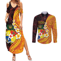 Tonga Culture Couples Matching Summer Maxi Dress and Long Sleeve Button Shirt Ngatu Pattern with Plumeria and Hibiscus LT03 Black - Polynesian Pride