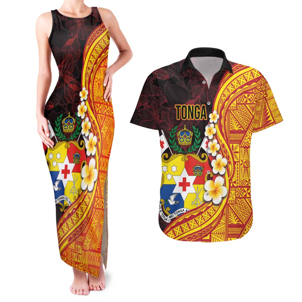 Tonga Culture Couples Matching Tank Maxi Dress and Hawaiian Shirt Ngatu Pattern with Plumeria and Hibiscus LT03 Black - Polynesian Pride
