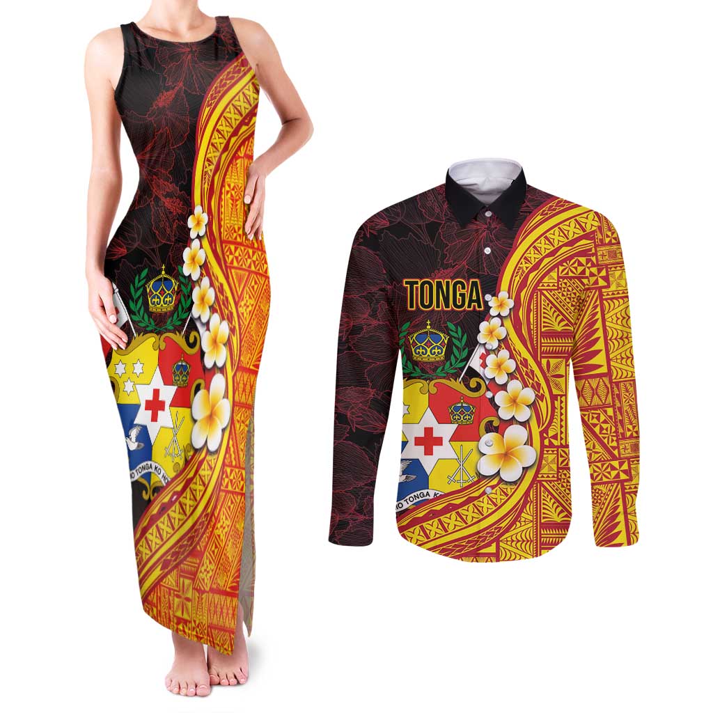 Tonga Culture Couples Matching Tank Maxi Dress and Long Sleeve Button Shirt Ngatu Pattern with Plumeria and Hibiscus LT03 Black - Polynesian Pride
