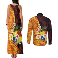 Tonga Culture Couples Matching Tank Maxi Dress and Long Sleeve Button Shirt Ngatu Pattern with Plumeria and Hibiscus LT03 - Polynesian Pride