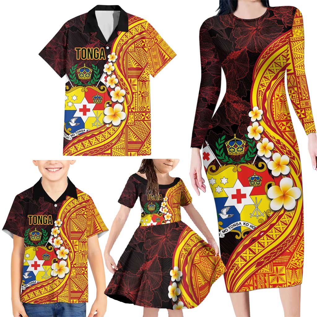 Tonga Culture Family Matching Long Sleeve Bodycon Dress and Hawaiian Shirt Ngatu Pattern with Plumeria and Hibiscus LT03 - Polynesian Pride
