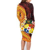 Tonga Culture Family Matching Long Sleeve Bodycon Dress and Hawaiian Shirt Ngatu Pattern with Plumeria and Hibiscus LT03 - Polynesian Pride