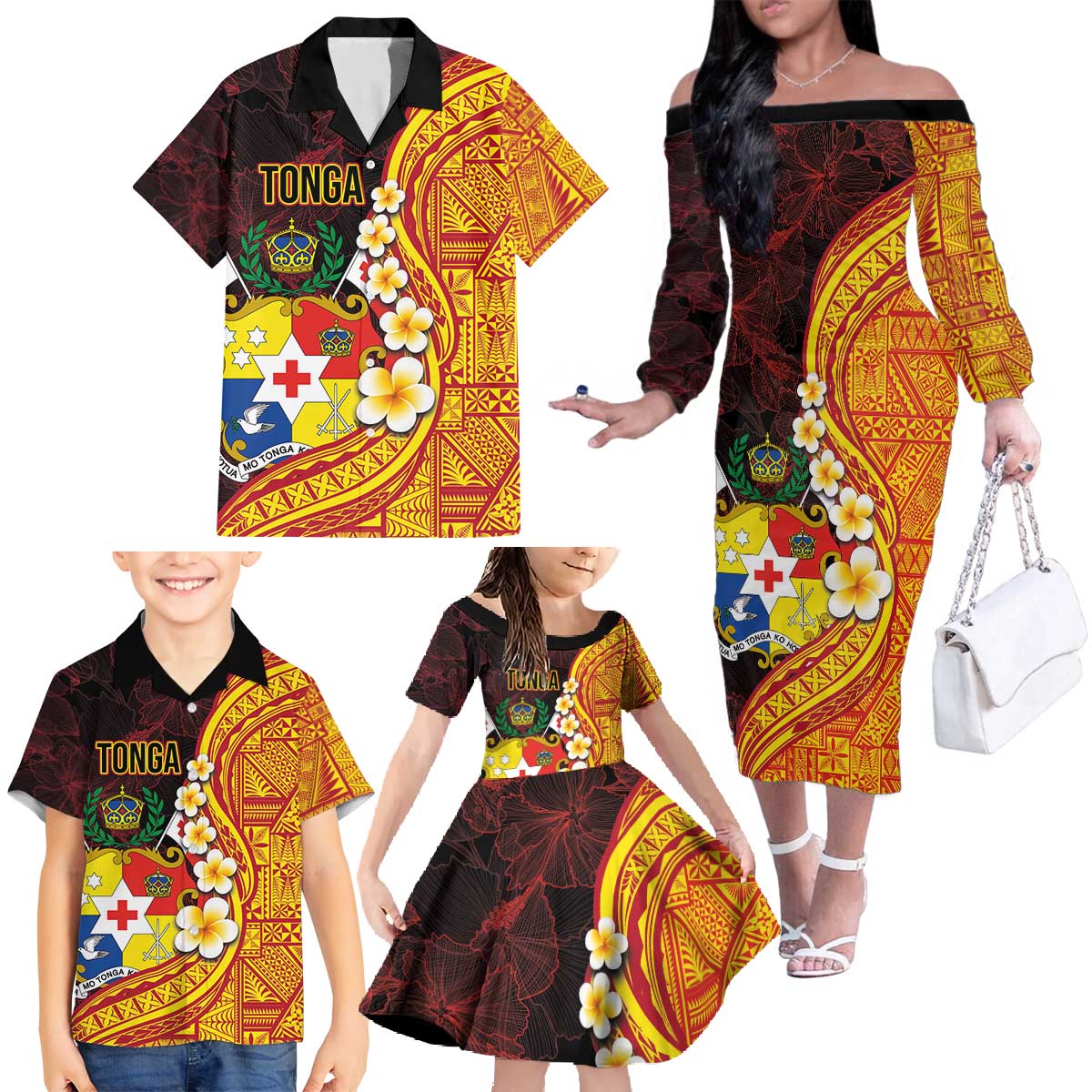 Tonga Culture Family Matching Off The Shoulder Long Sleeve Dress and Hawaiian Shirt Ngatu Pattern with Plumeria and Hibiscus LT03 - Polynesian Pride