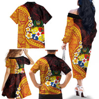 Tonga Culture Family Matching Off The Shoulder Long Sleeve Dress and Hawaiian Shirt Ngatu Pattern with Plumeria and Hibiscus LT03 - Polynesian Pride