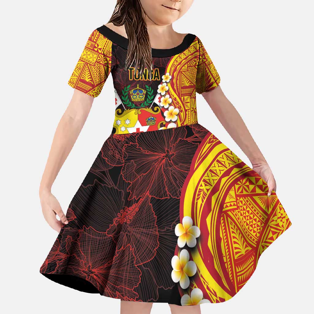 Tonga Culture Family Matching Off Shoulder Maxi Dress and Hawaiian Shirt Ngatu Pattern with Plumeria and Hibiscus LT03 Daughter's Dress Black - Polynesian Pride