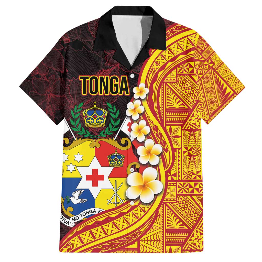 Tonga Culture Family Matching Off Shoulder Maxi Dress and Hawaiian Shirt Ngatu Pattern with Plumeria and Hibiscus LT03 Dad's Shirt - Short Sleeve Black - Polynesian Pride