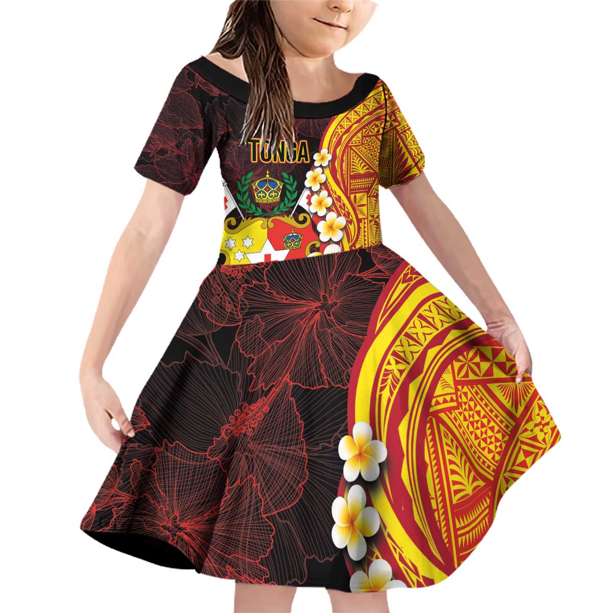 Tonga Culture Family Matching Off Shoulder Short Dress and Hawaiian Shirt Ngatu Pattern with Plumeria and Hibiscus LT03 Daughter's Dress Black - Polynesian Pride