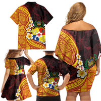 Tonga Culture Family Matching Off Shoulder Short Dress and Hawaiian Shirt Ngatu Pattern with Plumeria and Hibiscus LT03 - Polynesian Pride