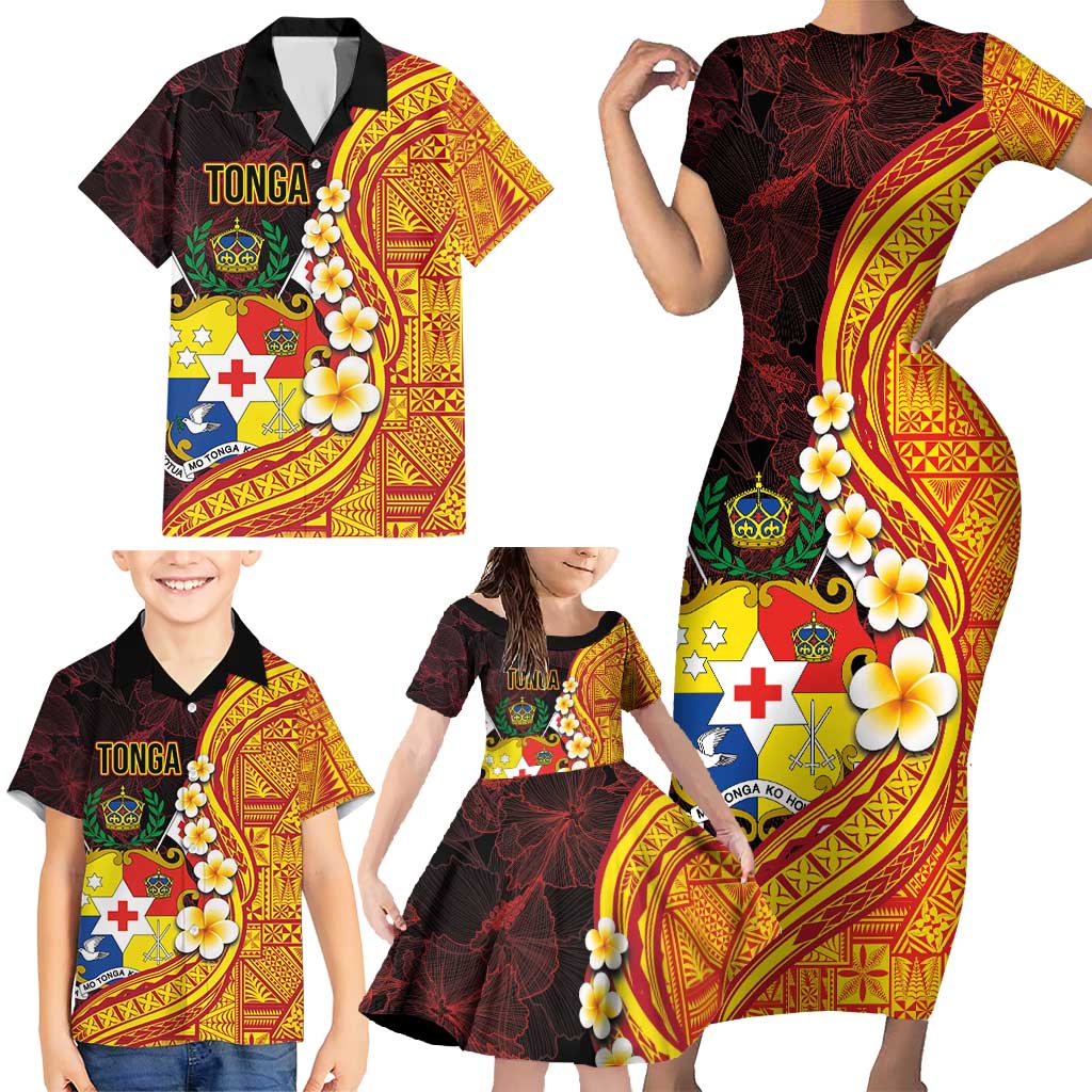 Tonga Culture Family Matching Short Sleeve Bodycon Dress and Hawaiian Shirt Ngatu Pattern with Plumeria and Hibiscus LT03 - Polynesian Pride