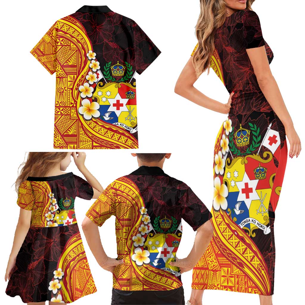 Tonga Culture Family Matching Short Sleeve Bodycon Dress and Hawaiian Shirt Ngatu Pattern with Plumeria and Hibiscus LT03 - Polynesian Pride