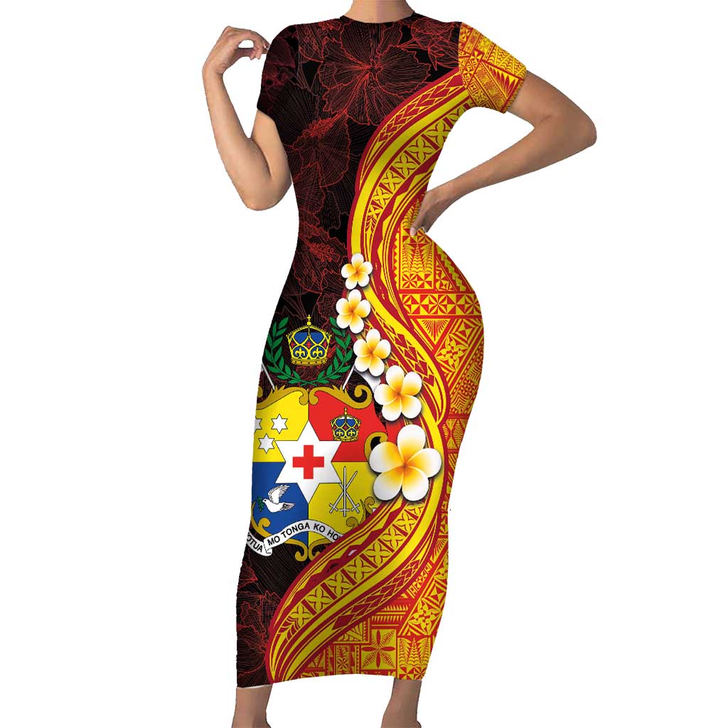 Tonga Culture Family Matching Short Sleeve Bodycon Dress and Hawaiian Shirt Ngatu Pattern with Plumeria and Hibiscus LT03 Mom's Dress Black - Polynesian Pride