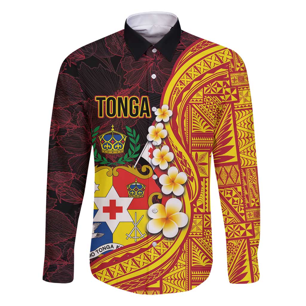 Tonga Culture Family Matching Summer Maxi Dress and Hawaiian Shirt Ngatu Pattern with Plumeria and Hibiscus LT03 Dad's Shirt - Long Sleeve Black - Polynesian Pride