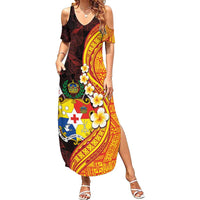 Tonga Culture Family Matching Summer Maxi Dress and Hawaiian Shirt Ngatu Pattern with Plumeria and Hibiscus LT03 Mom's Dress Black - Polynesian Pride