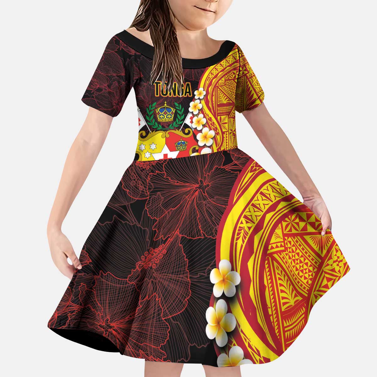 Tonga Culture Kid Short Sleeve Dress Ngatu Pattern with Plumeria and Hibiscus LT03 KID Black - Polynesian Pride