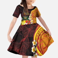 Tonga Culture Kid Short Sleeve Dress Ngatu Pattern with Plumeria and Hibiscus LT03 KID Black - Polynesian Pride
