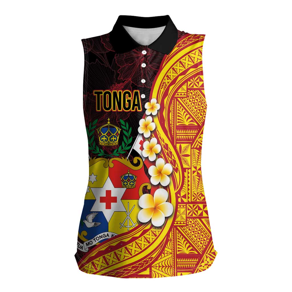 Tonga Culture Women Sleeveless Polo Shirt Ngatu Pattern with Plumeria and Hibiscus LT03 Female Black - Polynesian Pride