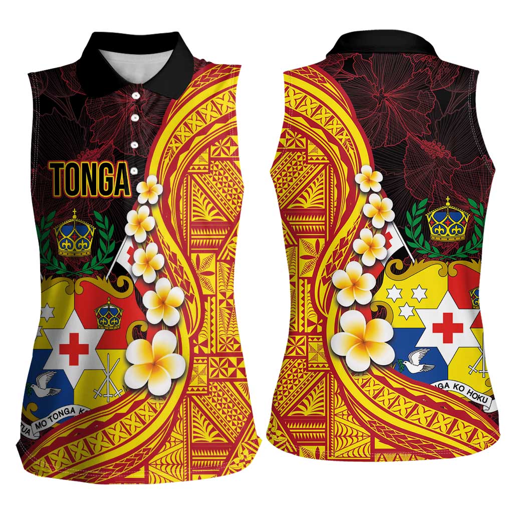 Tonga Culture Women Sleeveless Polo Shirt Ngatu Pattern with Plumeria and Hibiscus LT03 - Polynesian Pride