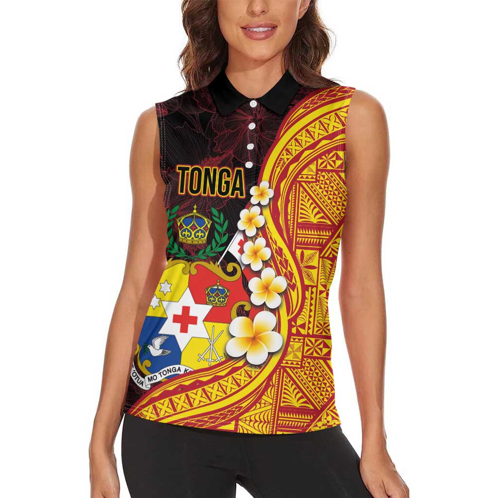 Tonga Culture Women Sleeveless Polo Shirt Ngatu Pattern with Plumeria and Hibiscus LT03 - Polynesian Pride