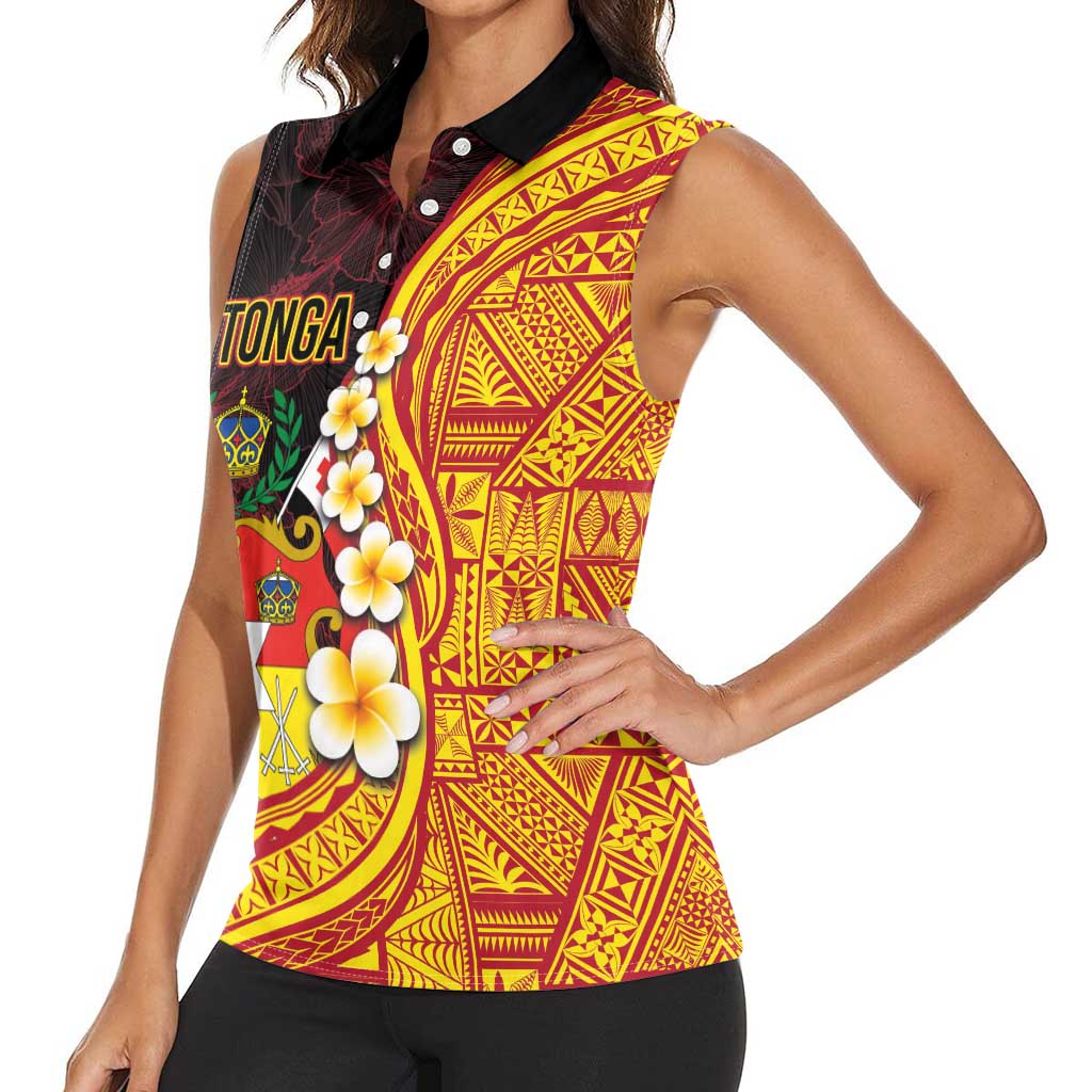 Tonga Culture Women Sleeveless Polo Shirt Ngatu Pattern with Plumeria and Hibiscus LT03 - Polynesian Pride