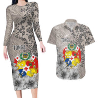 Tonga Culture Couples Matching Long Sleeve Bodycon Dress and Hawaiian Shirt Ngatu Pattern and Blooming Hibiscus LT03 Light Gray - Polynesian Pride