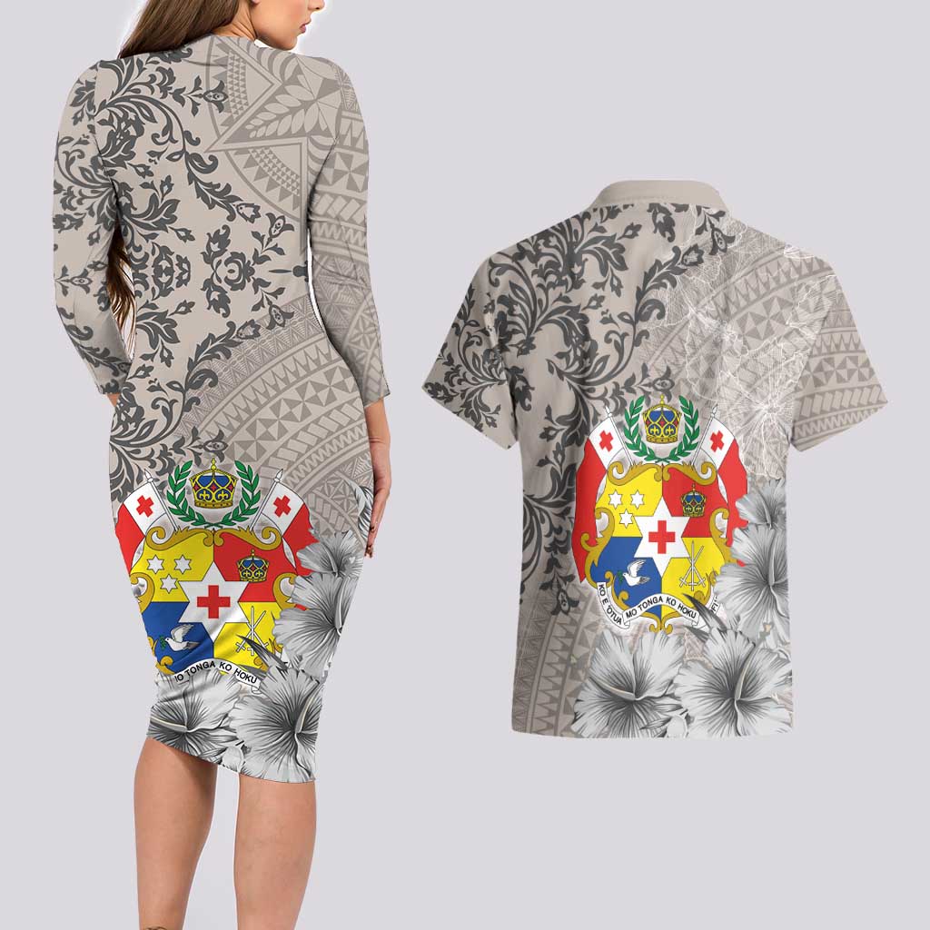 Tonga Culture Couples Matching Long Sleeve Bodycon Dress and Hawaiian Shirt Ngatu Pattern and Blooming Hibiscus LT03 - Polynesian Pride