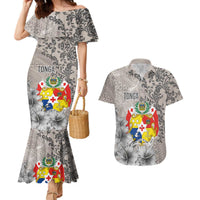 Tonga Culture Couples Matching Mermaid Dress and Hawaiian Shirt Ngatu Pattern and Blooming Hibiscus LT03 Light Gray - Polynesian Pride