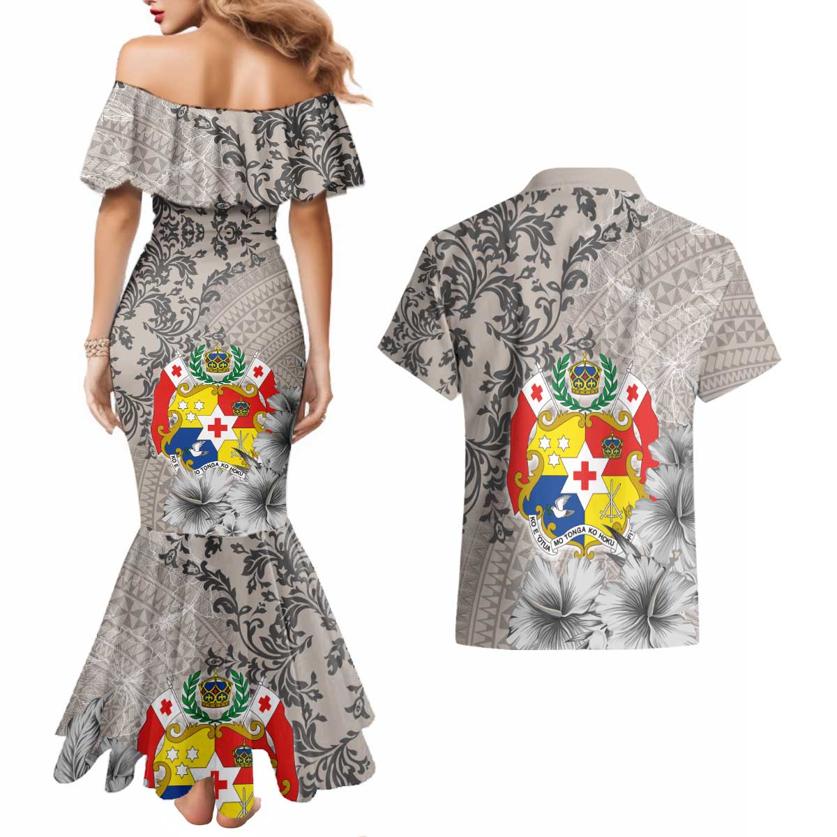 Tonga Culture Couples Matching Mermaid Dress and Hawaiian Shirt Ngatu Pattern and Blooming Hibiscus LT03 - Polynesian Pride