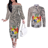 Tonga Culture Couples Matching Off The Shoulder Long Sleeve Dress and Long Sleeve Button Shirt Ngatu Pattern and Blooming Hibiscus LT03 Light Gray - Polynesian Pride