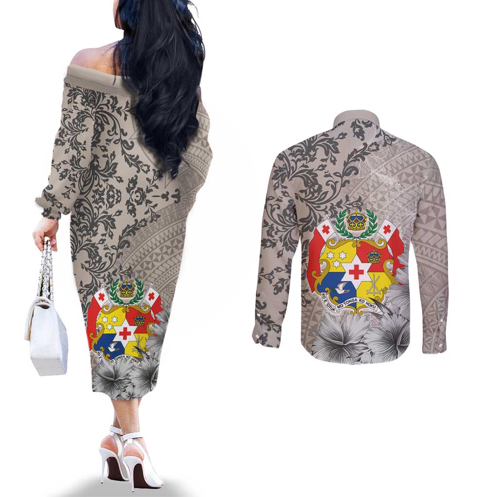 Tonga Culture Couples Matching Off The Shoulder Long Sleeve Dress and Long Sleeve Button Shirt Ngatu Pattern and Blooming Hibiscus LT03 - Polynesian Pride
