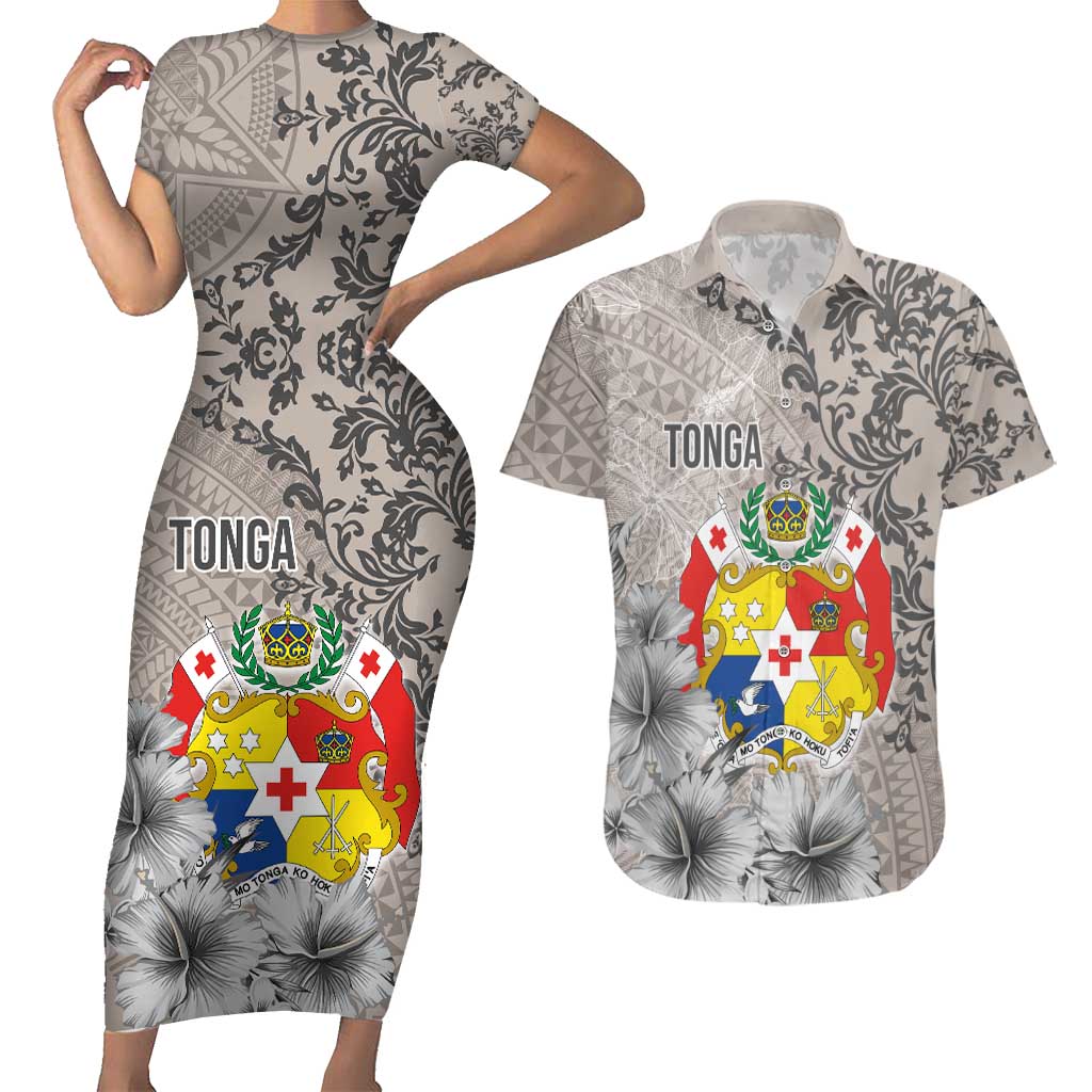 Tonga Culture Couples Matching Short Sleeve Bodycon Dress and Hawaiian Shirt Ngatu Pattern and Blooming Hibiscus LT03 Light Gray - Polynesian Pride