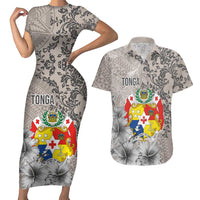 Tonga Culture Couples Matching Short Sleeve Bodycon Dress and Hawaiian Shirt Ngatu Pattern and Blooming Hibiscus LT03 Light Gray - Polynesian Pride