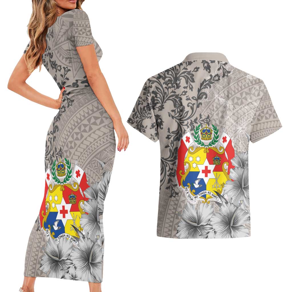 Tonga Culture Couples Matching Short Sleeve Bodycon Dress and Hawaiian Shirt Ngatu Pattern and Blooming Hibiscus LT03 - Polynesian Pride