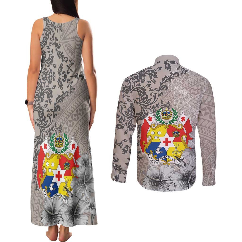 Tonga Culture Couples Matching Tank Maxi Dress and Long Sleeve Button Shirt Ngatu Pattern and Blooming Hibiscus