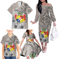 Tonga Culture Family Matching Off The Shoulder Long Sleeve Dress and Hawaiian Shirt Ngatu Pattern and Blooming Hibiscus LT03 - Polynesian Pride