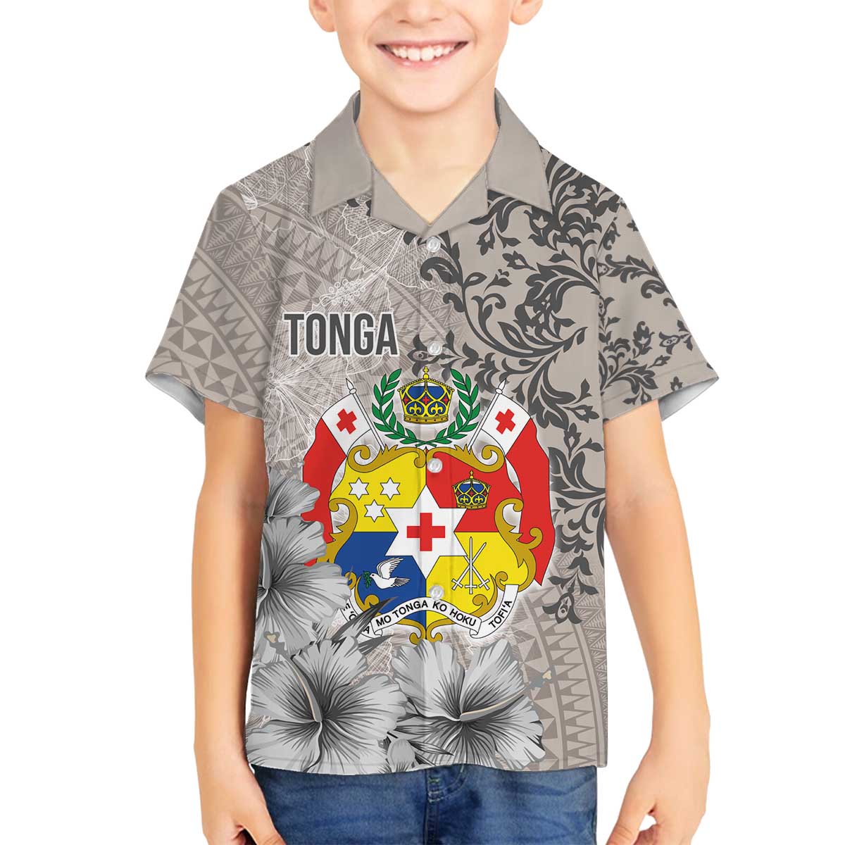 Tonga Culture Family Matching Off The Shoulder Long Sleeve Dress and Hawaiian Shirt Ngatu Pattern and Blooming Hibiscus LT03 Son's Shirt Light Gray - Polynesian Pride