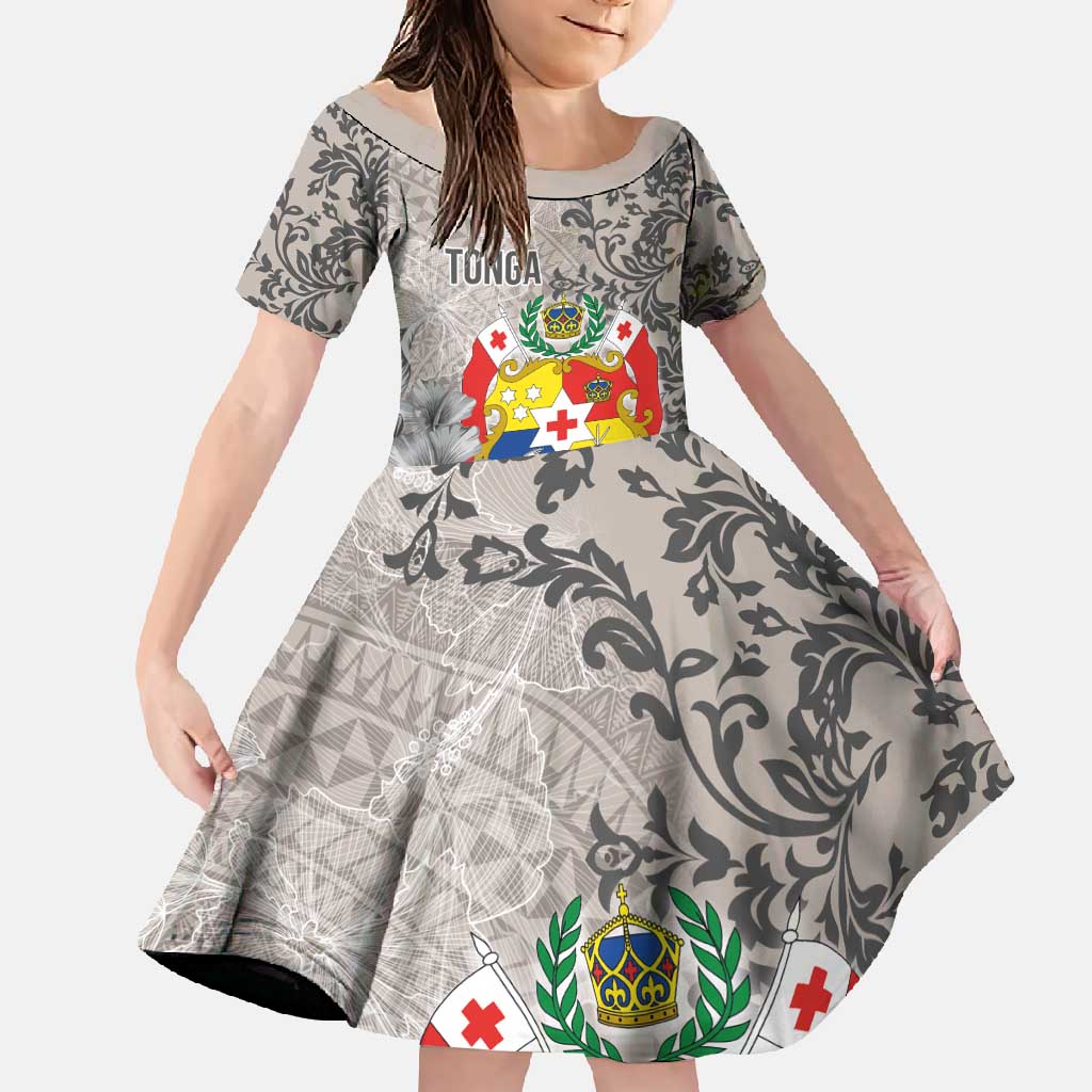 Tonga Culture Family Matching Off Shoulder Maxi Dress and Hawaiian Shirt Ngatu Pattern and Blooming Hibiscus LT03 Daughter's Dress Light Gray - Polynesian Pride