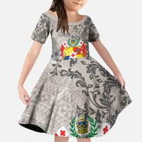 Tonga Culture Family Matching Off Shoulder Maxi Dress and Hawaiian Shirt Ngatu Pattern and Blooming Hibiscus LT03 Daughter's Dress Light Gray - Polynesian Pride